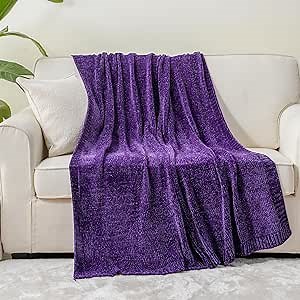 BATTILO HOME Chenille Knitted Throw Blanket for Couch, Decorative Cozy Dark Purple Throw Blanket for Bed Sofa Outdoor, Super Soft Purple Blankets Chenille Blankets for Home Decor, 51"x67"
