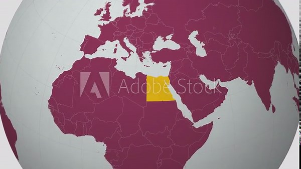 Egypt map. Animated zoom into the country on the Globe in Pale Mint Dark Pink color palette. Country logo animation with round text and airplanes. Map with meridians, parallels. Authentic video.