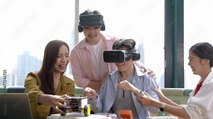 young group student people wearing virtual reality goggles in modern classroom coworking studio. Smartphone using with VR headset for future technology. concept metaverse and digital interactive.