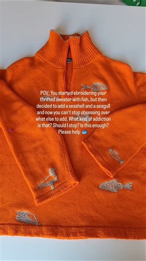 Duplicate stitch #embroidery on this #thrifted sweater as well as a re-knit picot edge 🍊 #thriftflip