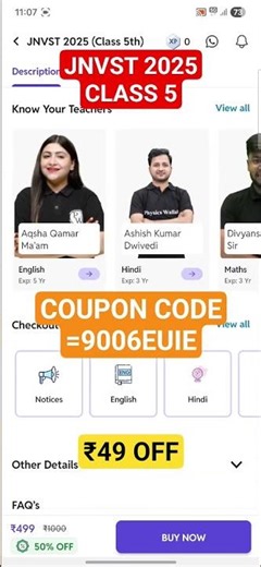 PW JNVST 2025 CLASS 5TH ₹49 OFF COUPON CODE= 9006EUIE, 7070CKQE, 6203UBFE. #pw #physicswallah #viral