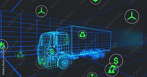 Animation of multiple digital icons over 3d truck model moving in seamless pattern in a tunnel