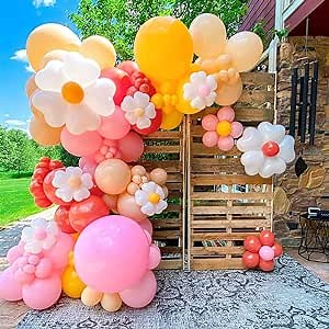 155Pcs Daisy Balloon Arch Garland Kit Macaron Pink Yellow Retro Orange White Heart Balloons with Plum Clip Daisy Shaped Flower for Two Groovy Party Decor Daisy Theme Wedding Birthday Mother’s Day