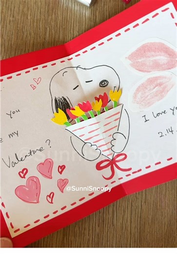 I forgot to prepare Valentines Day card so I made one 🩷 Snoopy brought you flowers. Red paper : 6x9 inches White paper : 5x8 inches Scissors, glue and Marker or colored pencil needed. Lipstick mark 💋 is optional of course 🤗😜 #diycards #valentinesdaycards #snoopy #esnupi #スヌーピー @YSL Beauty