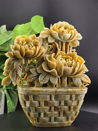 Serpentine Jade Flower Basket Sculpture | Hand-carved Stone Floral Art - Etsy
