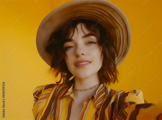 A trendy young woman in a striped shirt and hat strikes a pose against a yellow backdrop. Generative AI