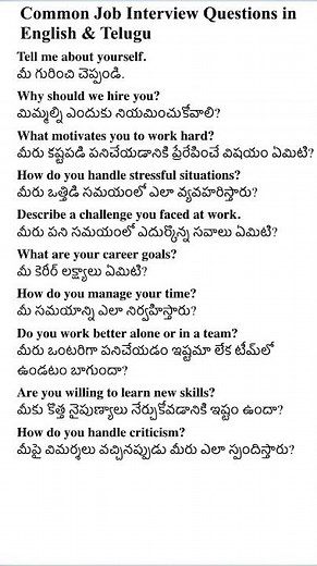 Common Job Interview Questions in English & Telugu