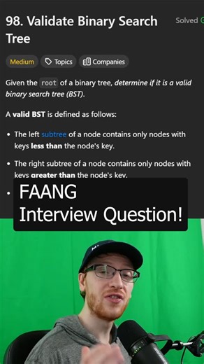 Gregory Hogg on Instagram: "FAANG BST QUESTION! Validate Binary Search Tree - Leetcode 98 Crack big tech at https://algomap.io?utm_source=buffer&utm_medium=direct! #coding #leetcode #programming #interview"