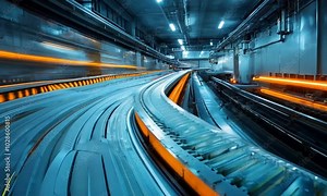 Dynamic conveyor system in an industrial setting with illuminated tracks.