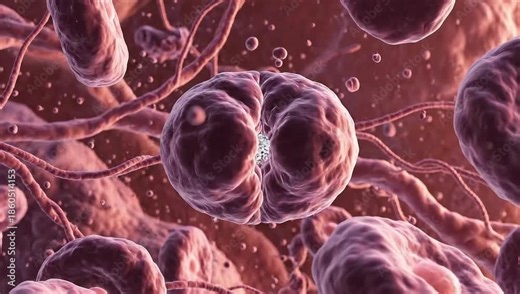 A video showcasing a detailed microscopic view of various cells in a laboratory setting