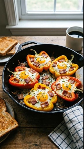Poivrons farcis au bœuf et aux œufs Ingrédients (4 personnes) 4 gros poivrons 400 g de bœuf haché 1 oignon 2 gousses d’ail 2 tomates (ou 200 g de tomates concassées) 4 œufs 3 c. à s. d’huile d’olive Sel, poivre 1 c. à c. de paprika ou cumin (facultatif) Persil ou coriandre (facultatif) Préparation Préchauffer le four à 180°C. Couper le chapeau des poivrons, retirer graines et membranes. Les blanchir 5 min dans l’eau bouillante salée (optionnel mais rend les poivrons plus fondants). Égoutter. Émi