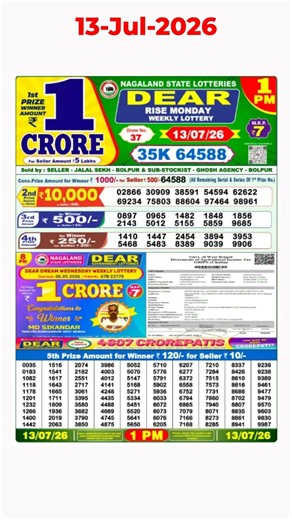 1 PM Nagaland State Lottery Sambad Live Result 13/07/2026 | Dear Lottery Today Result Live Update