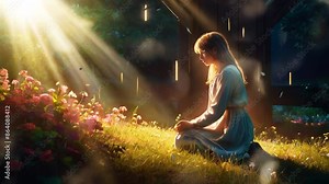 A young woman kneeling in front of a cross, in a smooth looping background with animated 4K video.