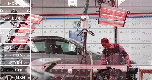 Technician reaching bench, fitting car panel ensuring fit, curing lamps, currency overlay covering