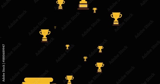 Animated Gold Trophies Floating on Black Background, Dark Mode Winner and Success Award Pattern, Championship Motion Graphics Loop