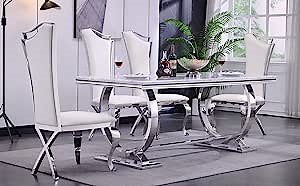 ACEDÉCOR 7 Piece Silver Dining Table Set for 6, Modern Dining Room Table with Stainless Steel U-Base, White Leather Dining Chairs with Silver Mirrored Legs