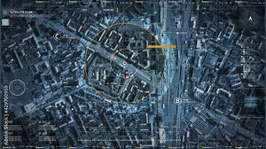 Live Video Footage From Satellite With Coordinates Of Objects. Modern Tracking System Scanning Location Of Target. Zooming In. Finding And Controlling A Drone To Get Precise Data. Using Satellites