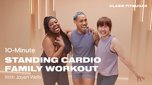 Get ready to work out with fitness trainer Jayen Wells, who will be leading this full-body 10-minute standing cardio routine, and as a special treat for the holidays, he's joined by his mom, Fumiko Wells, and best friend Yasmin Gelmo! You’ll start with a quick warmup that includes a series of marches, lateral step pull-ins, squat taps, and more. This short 10-minute workout is completely bodyweight. All you need to do is gather your family and work on your knee pull-ins, sumo pulses, and hamstri