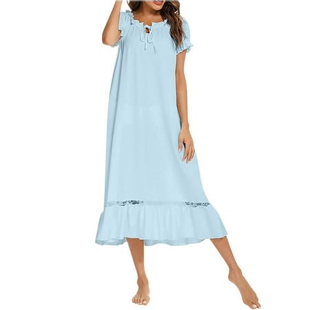 cfhntfmh Pajama Dresses for Women Comfy Drawstring Short Sleeve Nightgown Soft Ruffled Hem Nightwear Nightshirts - Walmart.ca