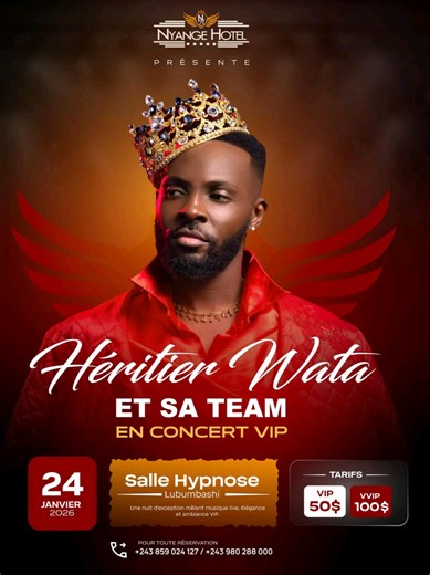 Lubumbashi, prépare-toi à accueillir le meilleur chanteur que la terre ait jamais connu : Monsieur le Chanteur, @Heritier Wata Officiel , en concert à la Salle Hypnose ce 24 janvier 2026. Droit d’entrée : VIP – 50 $ | VVIP – 100 $. #foru #pourtoii #katangaise🇨🇩🇨🇩 #lubumbashi🇨🇩 #musiquecongolaise