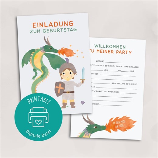 Printable Knight-themed Birthday Invitation With Knight, Dragon and Treasure, PDF File for Instant Download for Your Child's Birthday Party - Etsy