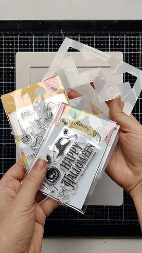 Creating your own patterned paper is a breeze with the new Two-Step Chevron Stencil Trio! This set includes three stencils, each featuring a different chevron pattern. Simply move the stencil up or down, or flip it to achieve a colorful background with various designs. For added fun and to complete your theme, use any small stamps you may have! . . . #waffleflowercrafts #cardmakingideas #cardmaking #handmadecards #halloweencards #cardmakinghobby | Waffle Flower Crafts