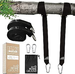 Hammock Tree Straps - Tree Swing Hanging Kit 5ft - Carabiner with Strap - Easy hang tree strap or hammock straps - Heavy duty, no fraying - Adjustable tree straps for all swing and hammock types