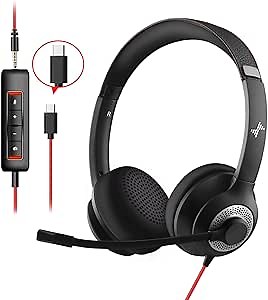 Headset with Microphone for PC Wired Headphones - Type-C Over-Ear 3.5mm Headsets with Noise-Cancelling Microphone for Laptop - Computer Headphones with Mic in-line Control for Home