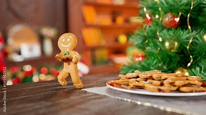Gingerbread man Dancing in Christmas Cozy Interior on table. 3D animation of funny, hot and sweet cookie boy dancing for holiday and kid event, show, party. Christmas cookie