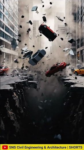 How the ground splits open during an earthquake, with cars and buildings falling into the crack. #ai