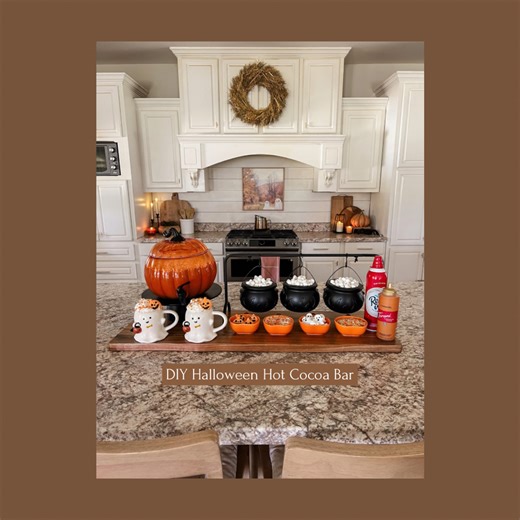 DIY Halloween hot cocoa bar!!🎃👻 Comment HALLOWEEN and I’ll send you links to everything I used!!🎃🎃This would be perfect for a Halloween party or fall gathering!I started with a large wooden tray!Added some hanging cauldrons filled with mini marshmallows!Then I added a pumpkin shaped drink dispenser, filled it with hot chocolate!Then I found the cutest pumpkin bowls and filled those with hot cocoa toppings. I did Halloween sprinkles and the cutest ghost and pumpkin marshmallows! Finished with