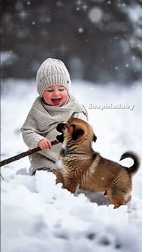 “Baby and Puppy Playing in the Snow Super Cute!”