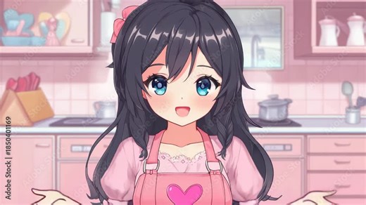 Anime girl chef in the kitchen: Captivating anime girl in a chef's apron and a serene smile. standing in the pink-themed kitchen.