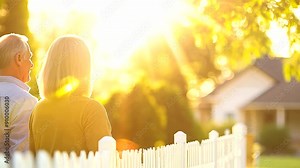 Friendly neighbors engaging in conversation over a classic white picket fence in a suburban setting.