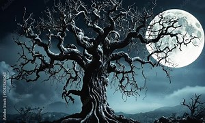 a dry tree that is scary when the moon and the clouds are black