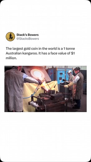 The biggest gold coin, as listed by the Guinness World Records, is a one tonne Australian Kangaroo. The colossal 99.99% pure gold coin has a diameter of 80 centimetres, and is a massive 12 centimetres thick. Produced in 2011 by @theperthmintaustralia. It has a face value of $1 million (Australian Dollars) making it the world’s largest legal tender coin. As the world’s biggest gold coin however it is of course worth far more and was valued at over $53 million. (Via @theperthmintaustralia) | Stack