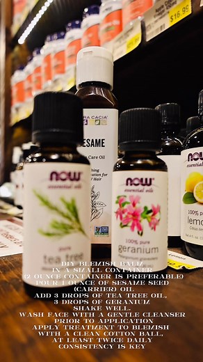 Blemish Be Gone Experiencing a breakout, we’ve got you covered (literally) Essential Oils for the win! Always perform a patch test before using any essential oil. A good rule of thumb is 1 ounce of carrier oil to 6 drops of essential oil. Sesame Seed Oil (Carrier oil) Used in Asian cultures for approximately 3000 years High concentration of fatty acids It also contains antimicrobial, antioxidant and anti-inflammatory properties Extremely emollient (moisturizing) Geranium Essential Oil Geranium h