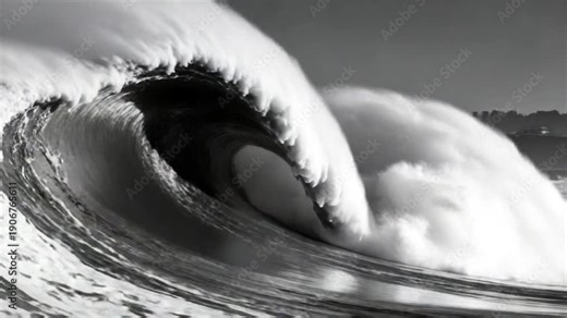 A monochrome image captures a colossal wave, its crest breaking with immense power