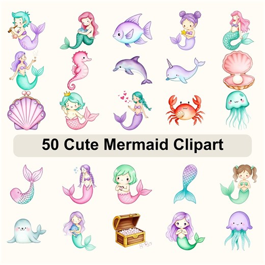 50 Cute Mermaid Clipart PNG Bundle | Kawaii Baby Mermaid & Under the Sea Graphics Birthday Party, Scrapbook Art • Commercial Use Included - Etsy