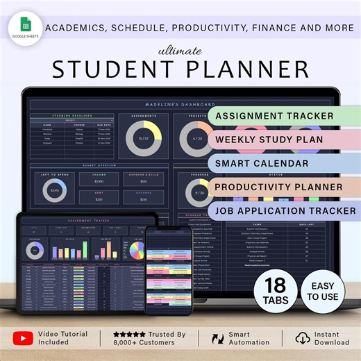 Student Planner Assignment Tracker Academic Study Planner Spreadsheet University College Course School Planner Class Google Sheets Template - Etsy