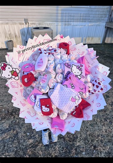 hello kitty diaper bouquet 🎀🍼💕 ♡perfect gift for baby showers & new moms ♡ follow us on instagram @ prettylittleblossoms._ 🎀 #hellokitty #fyp #viral #florist #babyshowerideas