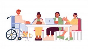 Office diversity cartoon animation. Diverse coworkers talking 4K video motion graphic. Boardroom table. Brainstorming employees inclusive 2D color animated characters isolated on white background