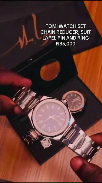 TOMI WATCH SET Watch CHAIN REDUCER SUIT LAPEL PIN RING Function/abilities ANALOG TIME SYSTEM LUMINOUS ABILITY DATE INDICATOR WATER RESISTIVITY PRICE: N35,000 Dm on WhatsApp to order or click the link in bio 080-61-71-62-89 #wristwatch #tomiwatch #wristwatchvendorinlagos #tiktoknigeria🇳🇬 #fypシ