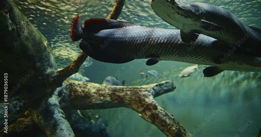 Shanghai, China. Arapaima Gigas Swims In Ocean Aquarium. Arapaima, Pirarucu, Or Paiche Is Species Of Arapaima Native To Basin Of Amazon River. Once Believed To Be Sole Species In Genus, It Is Among