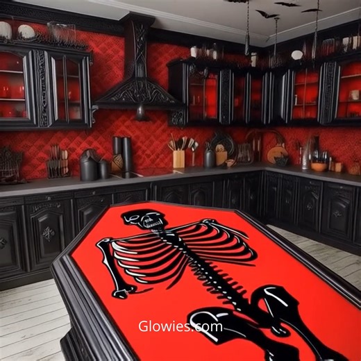This gothic kitchen takes dark design to the next level with bold, coffin-shaped countertops. Black and crimson finishes, iron handles, and dramatic lighting make it feel like a haunted castle cookspace. Every detail is moody, mysterious, and absolutely unforgettable. Perfect for witches, vampires, and midnight snack lovers alike. | Gothic Darling