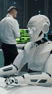 Cybernetic white robot using desktop computer programming software working with people in server room. Data center. Artificial intelligence.