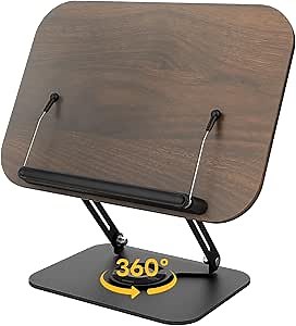 Book Stand for Reading, Adjustable Book Holders for Reading Hands Free with 360° Swivel Base, Wood Desktop Book Rest for Display Cookbook, Music, Drawing, Recipe, Textbook, Tablets, Laptops (Black)