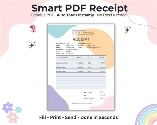 Automated Pastel Receipt Template | Fillable PDF (instant Download) - Etsy