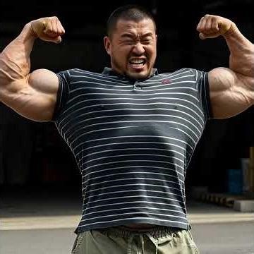 Muscular guys with their arms crossed in front of a garage
