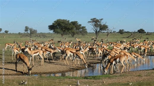 A large herd of springbok antelopes (Antidorcas marsupialis) congregating at a waterhole, Kalahari desert, South Africa